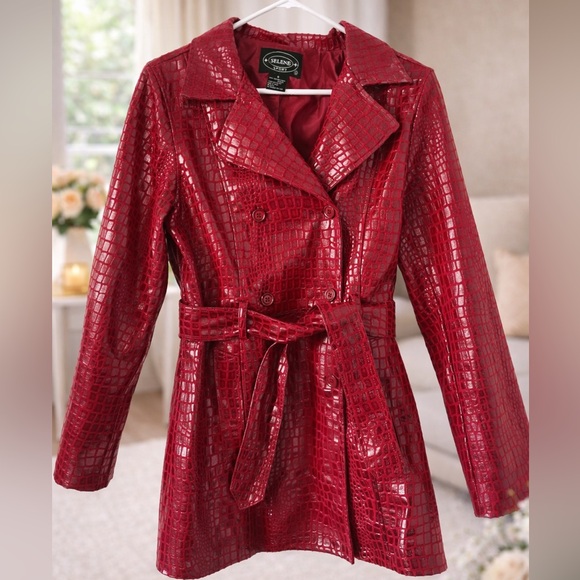Selene Sport Jackets & Blazers - Selene Sport Red Croc Embossed Belted Jacket S | Faux Leather Trench Style